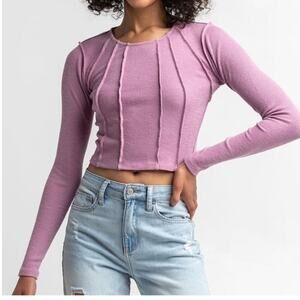 RSQ Womens Lavender Exposed Seam Cropped Long Sleeve Tee Soft Cotton Blend SZ XL